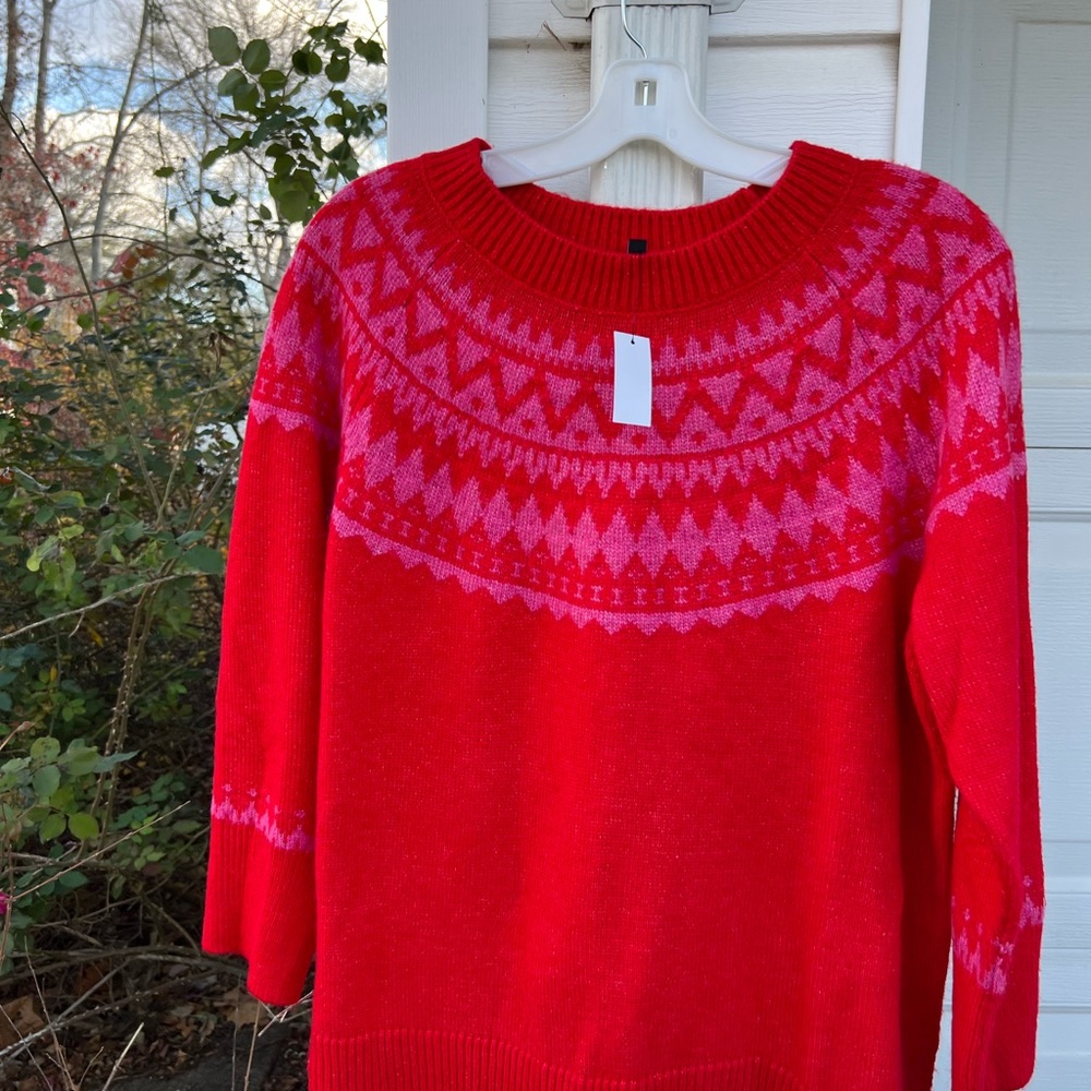 NWT Talbots Gorgeous Red Pink Woven Fair Isle Long Sleeve Sweater - Picture 2 of 5